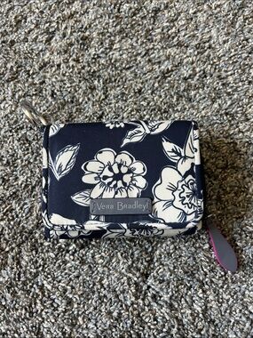 Vera Bradley Navy and White Floral Compact Wallet with Key Clip